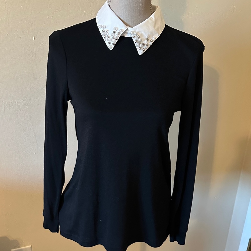 Elegant Black Top with Embellished Collar size small nwot